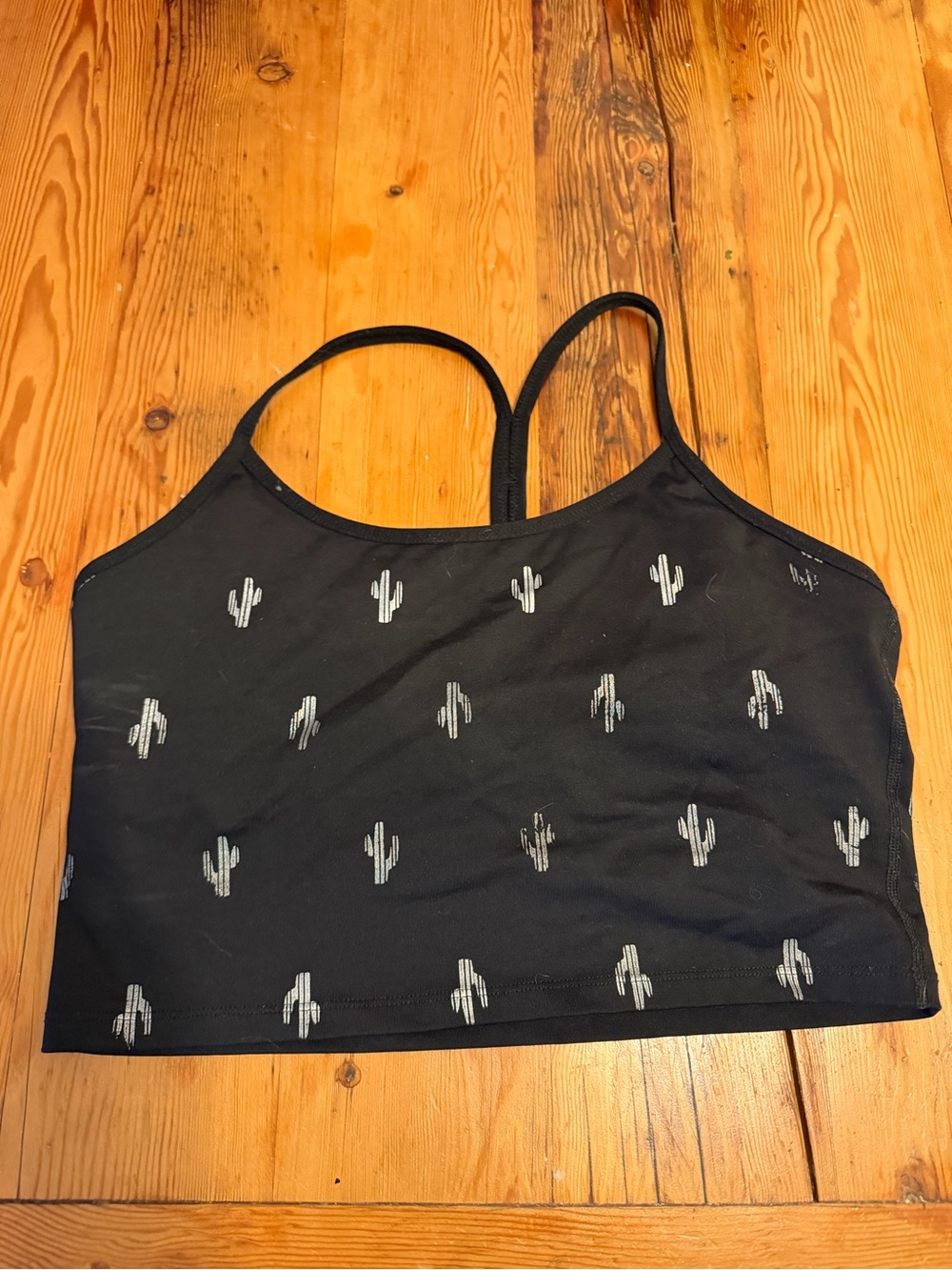 Beyond Yoga Black Crop Top with Silver Cactus Print
